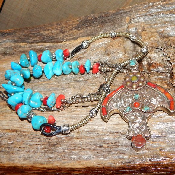 BoHo Turquoise Coral Mixed Metals Pendant Necklace - Picture 3 of 8